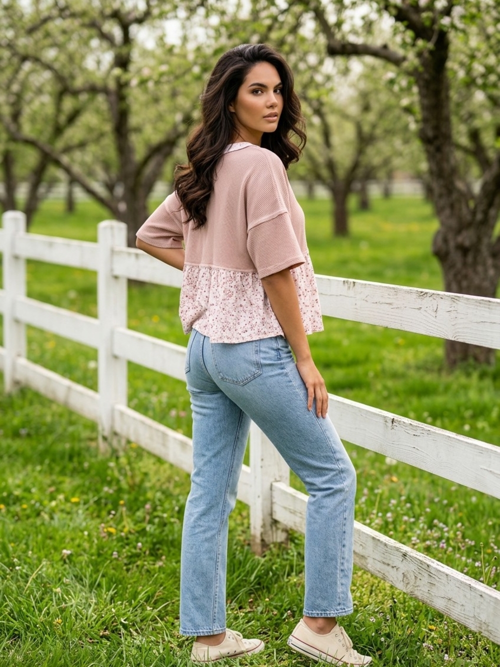 Waffle Knit Pink Mixed-Print Peplum Top - Picture 9 of 12